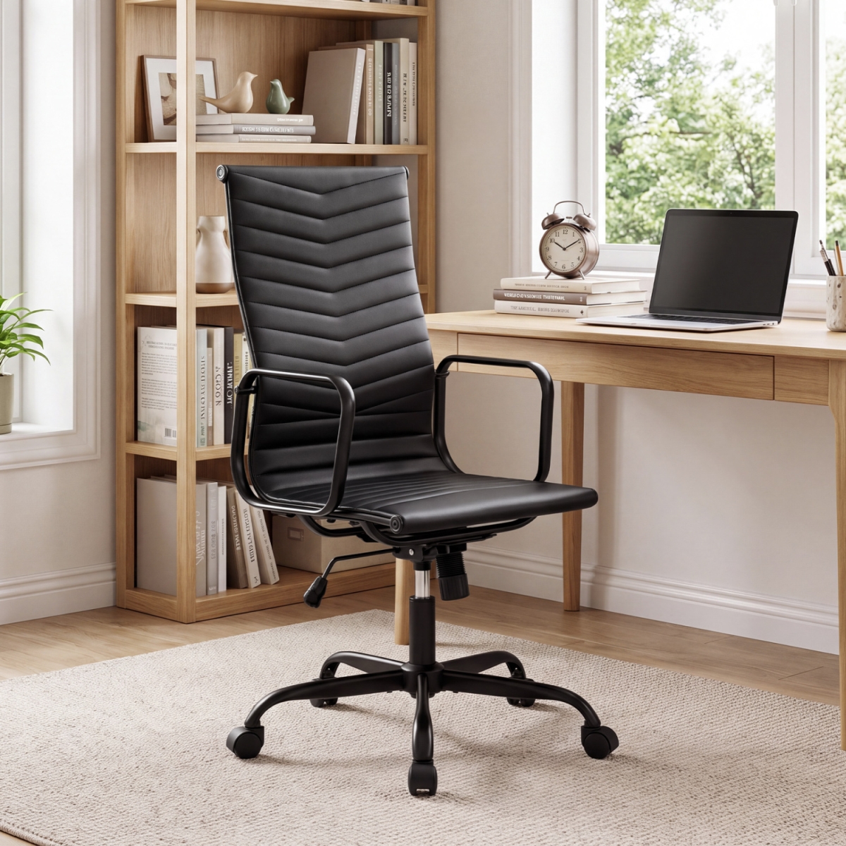 CB11323DK Ribbed Office Chair High Back PU Leather for Home Office with Adjustable Height - Black