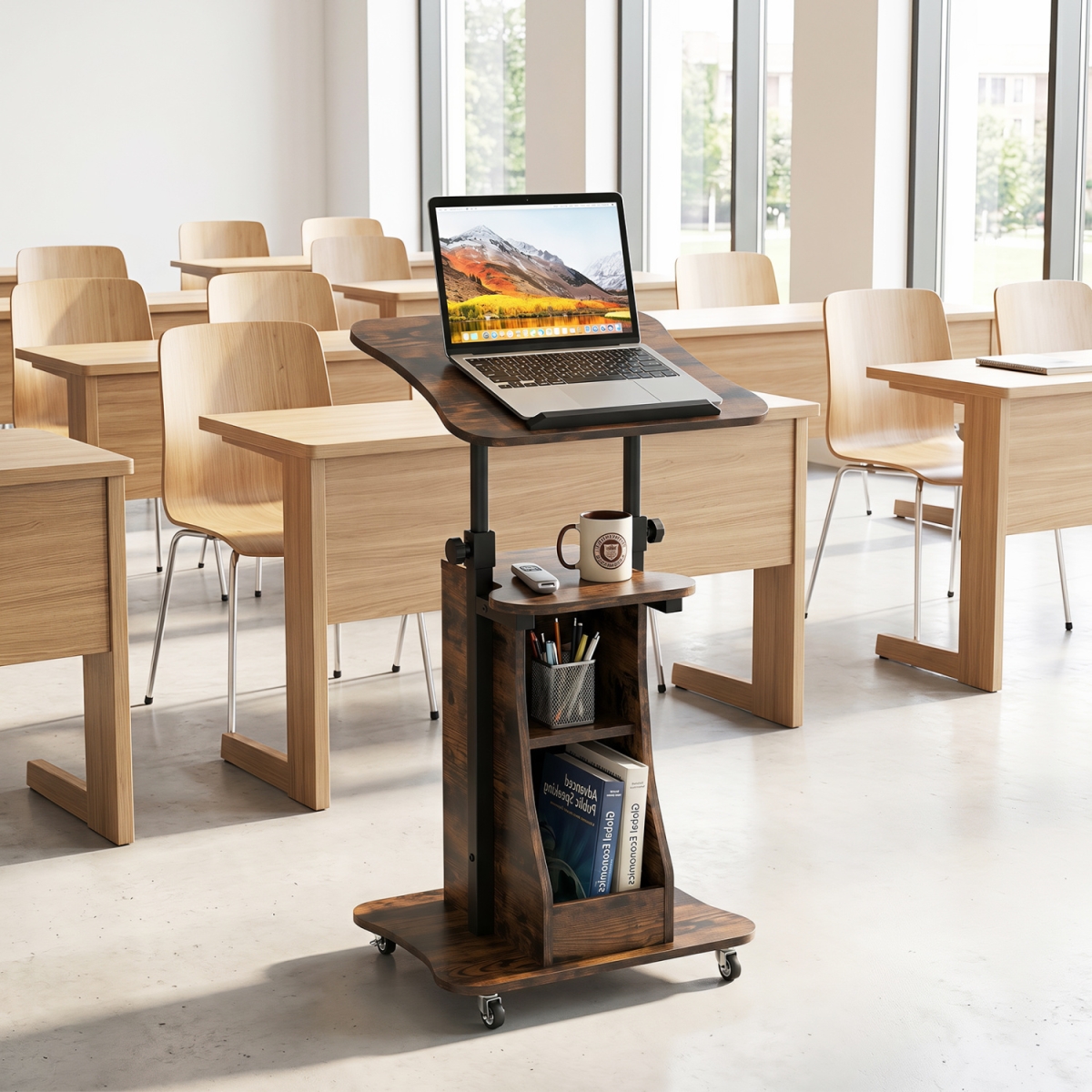 CB11248CF Mobile Podium Stand Height Adjustable Laptop Cart with Tilting Tabletop & Storage Compartments - Rustic Brown