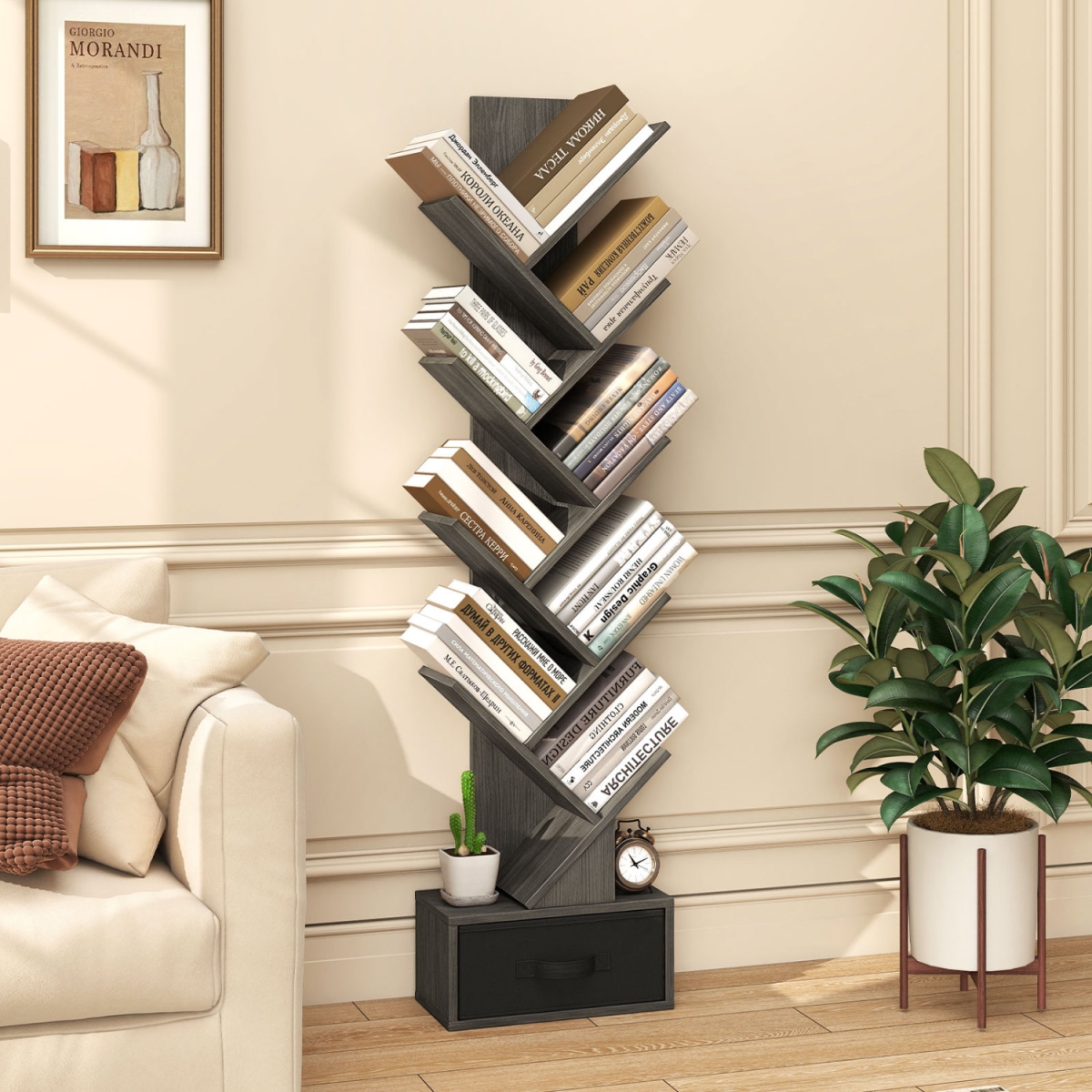 CB11261OA 10-Tier Bookshelf with Drawer Free-Standing Storage Bookcase - Gray & Black