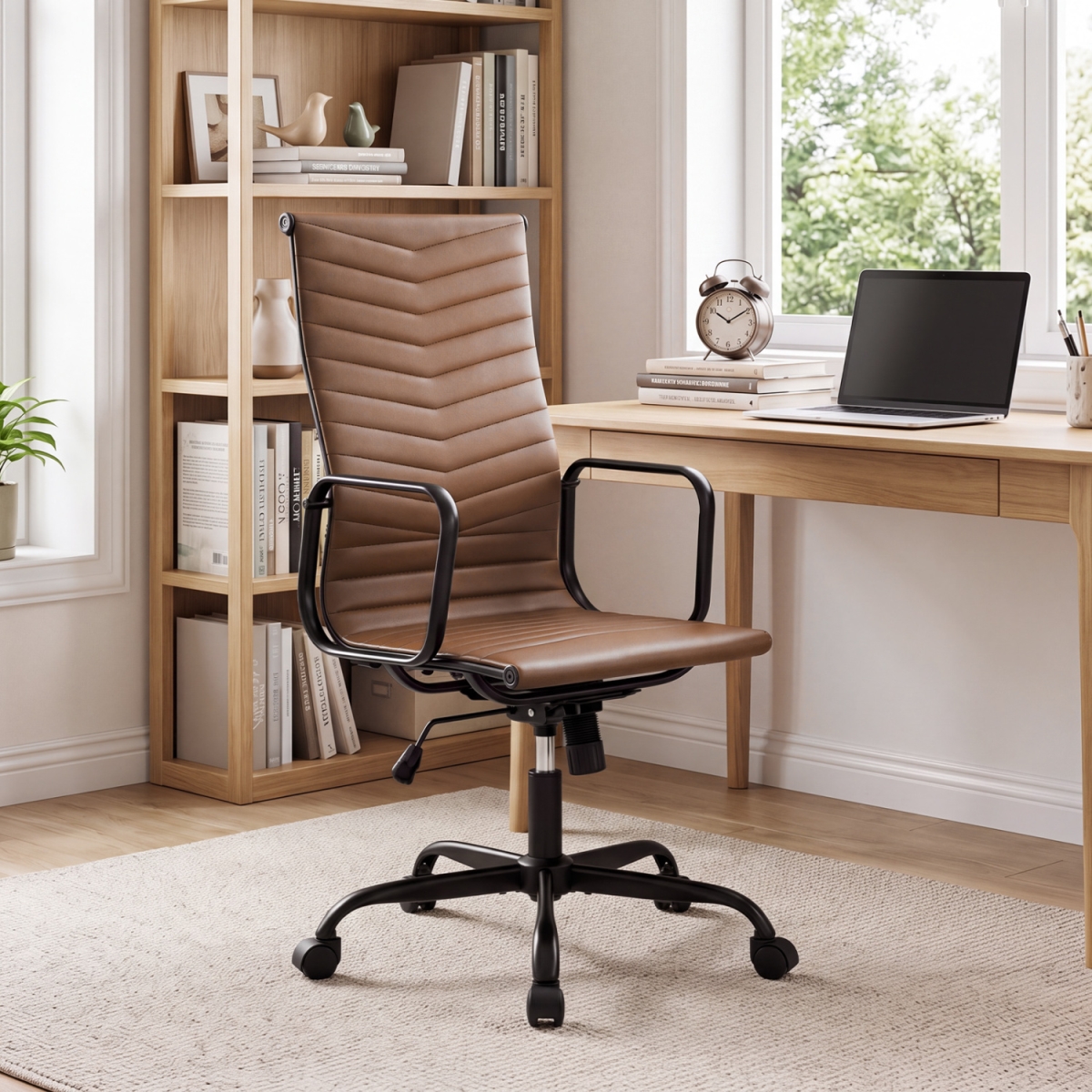 CB11323BN Ribbed Office Chair High Back PU Leather for Home Office with Adjustable Height - Brown