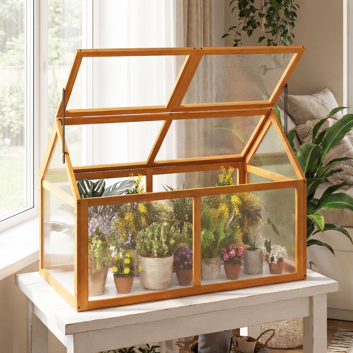 GT4594OR Wood Cold Frame Greenhouse Raised Flower Planter Protection with Adjustable Roof - Orange