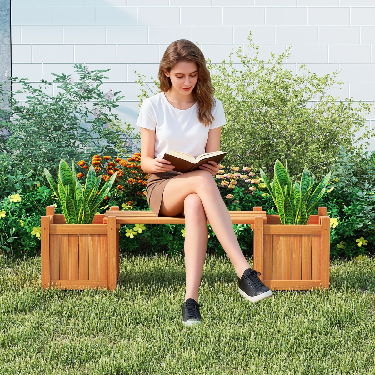GT4619OR 3-in-1 Outdoor Planter Box with Bench 2-Person Outdoor Bench with 2 Side Garden Beds - Orange