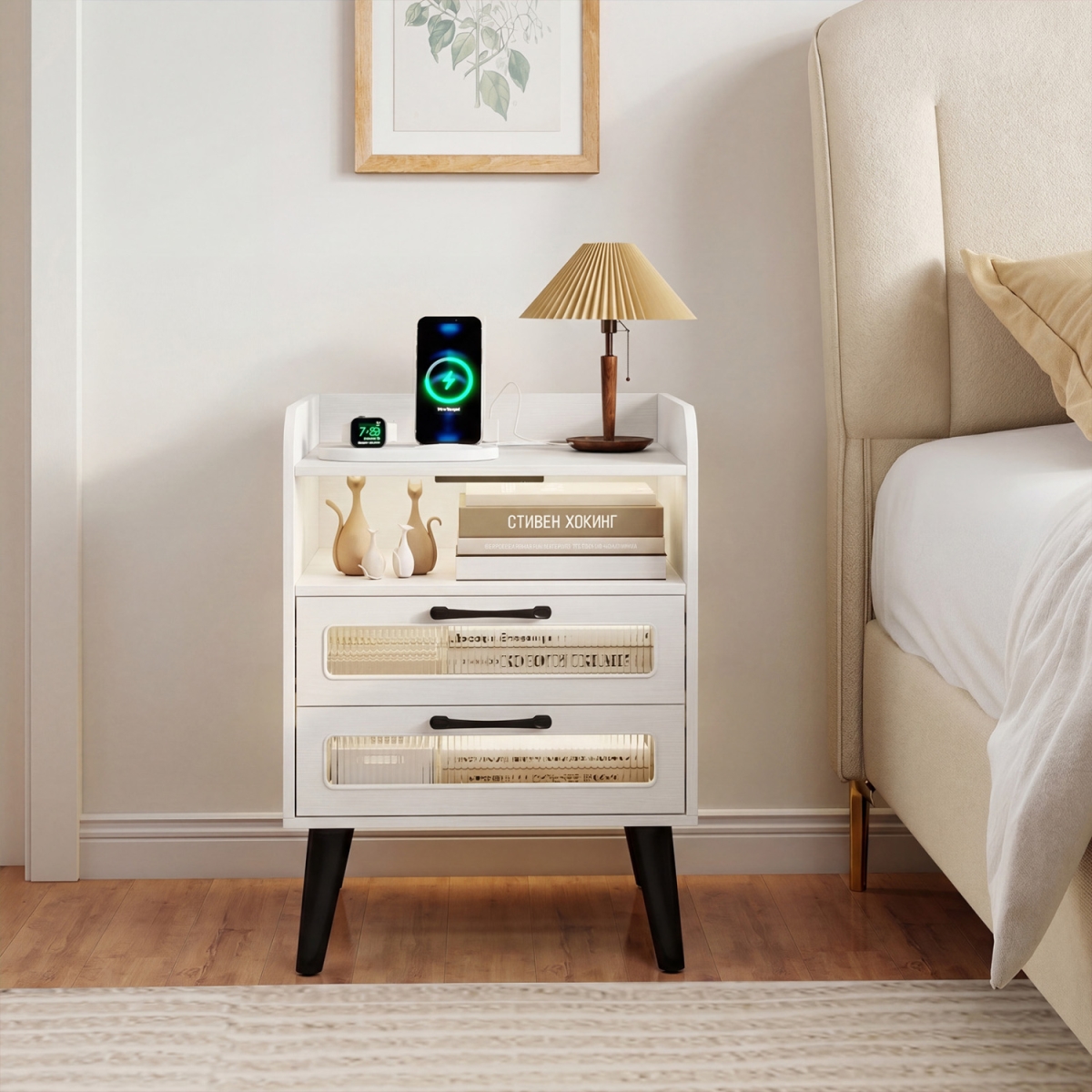 HU11280US-WH Mid Century Modern Nightstand with Charging Station & LED Lights - White