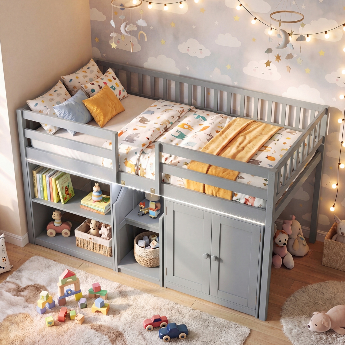HU11302GYT- Twin Size Loft Bed with LED Lights & Kids Wooden Bed Frame - Gray