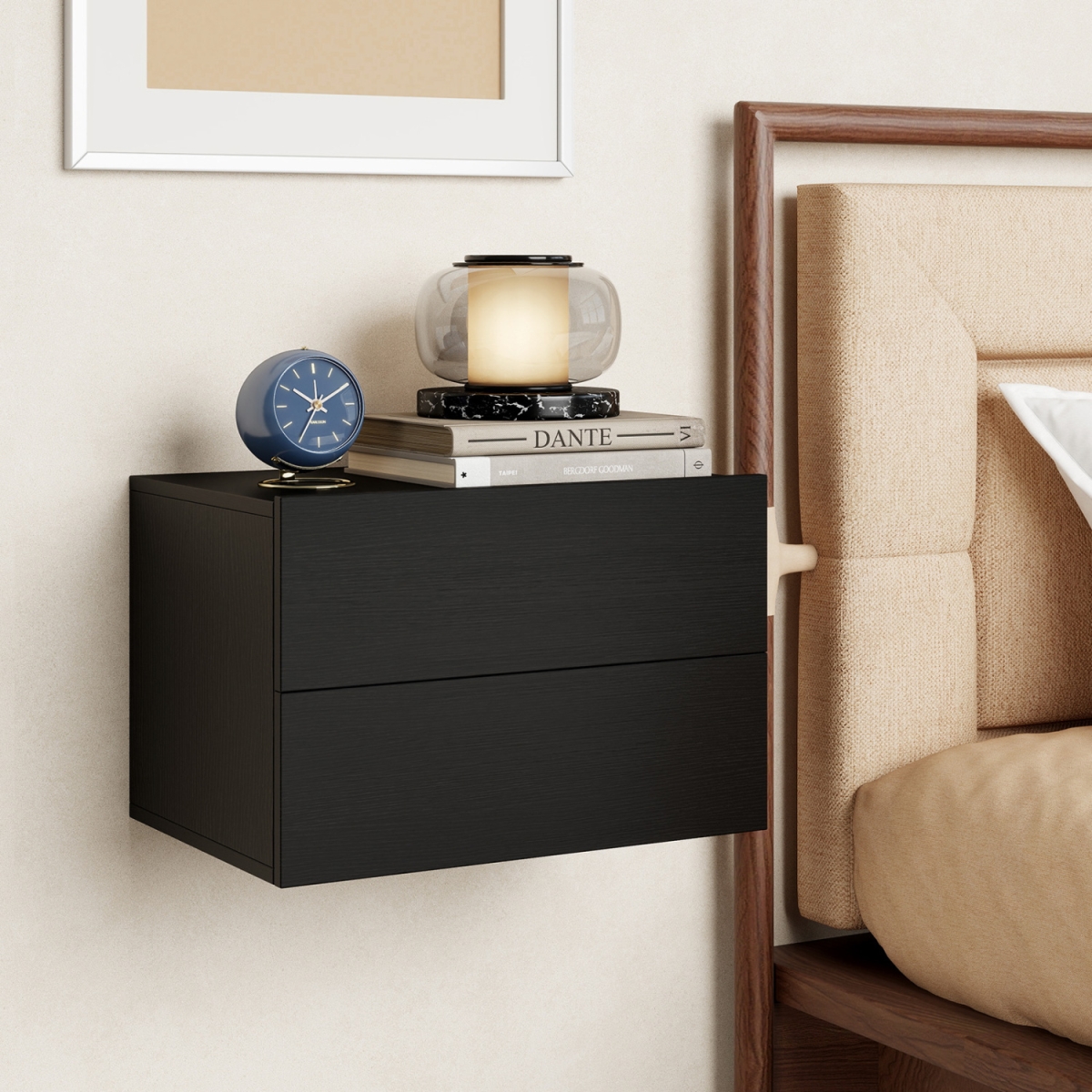 HU11322DK-1 Floating Nightstand with 2 Storage Drawers Wall Mounted for Bedroom - Black