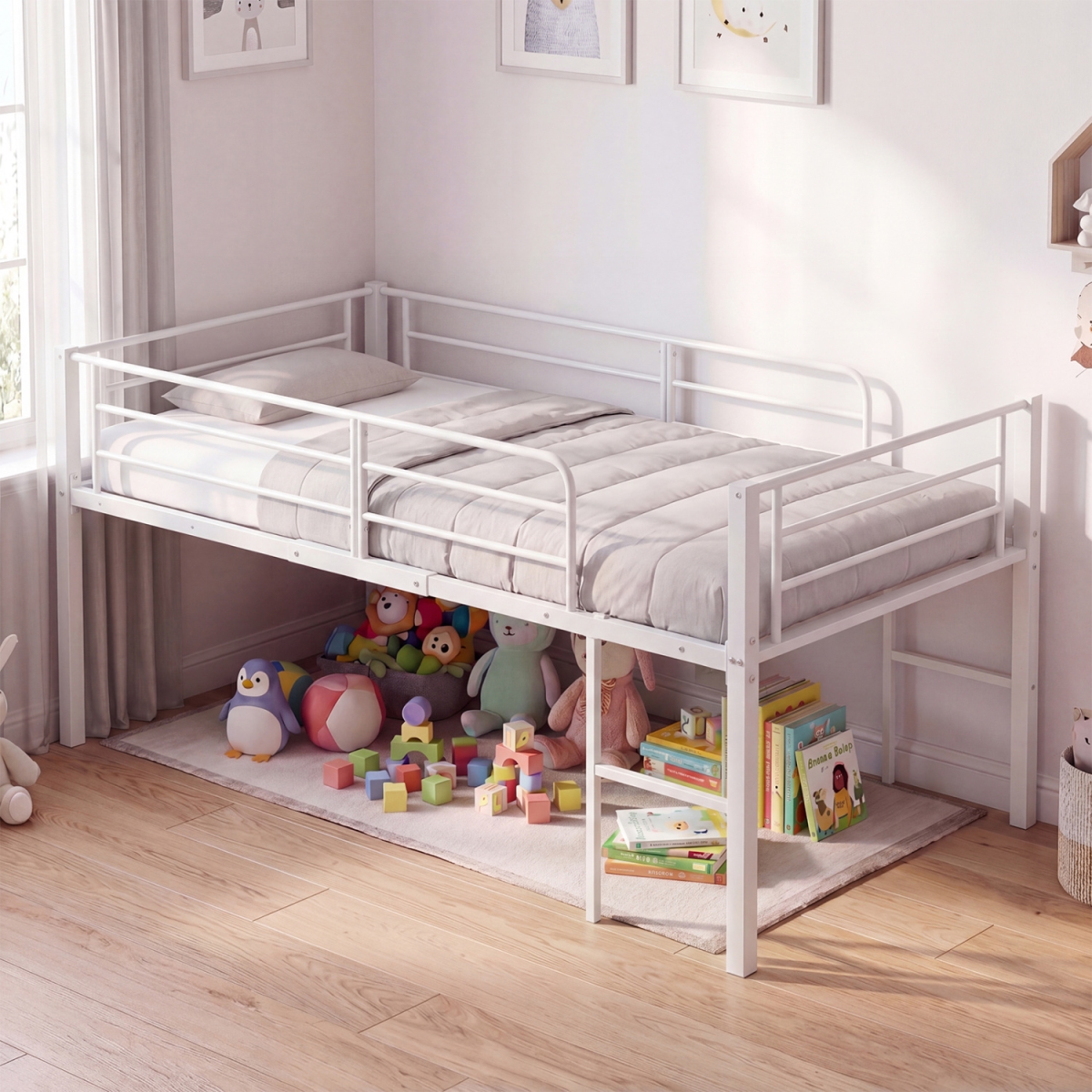 HU11336WH-T Low Loft Bed with Safety Guardrails & 2 Ladders - White - Twin Size