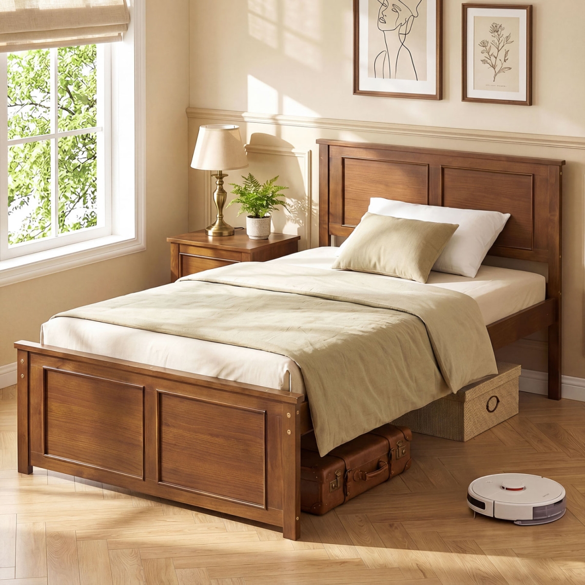 HU11438BN-T Wooden Platform Bed Frame with Headboard - Twin Size