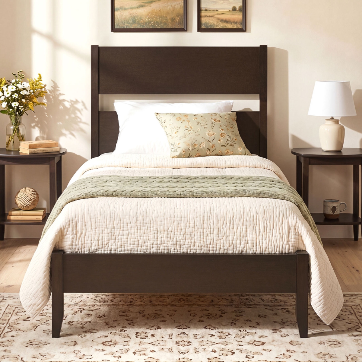 HU11455CF-T Twin Size Bed Frame with Headboard with Solid Wood Legs 12 Slats - Rustic Brown & Dark Walnut