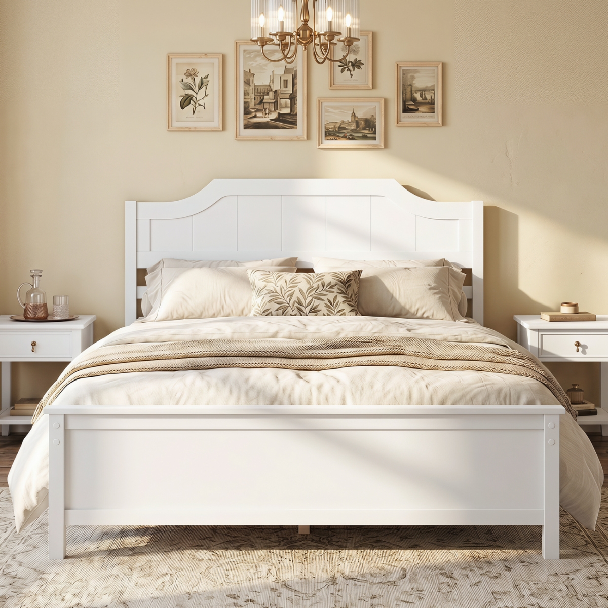 HU11499BS-F Solid Wood Platform Bed Frame with Headboard - White - Full Size