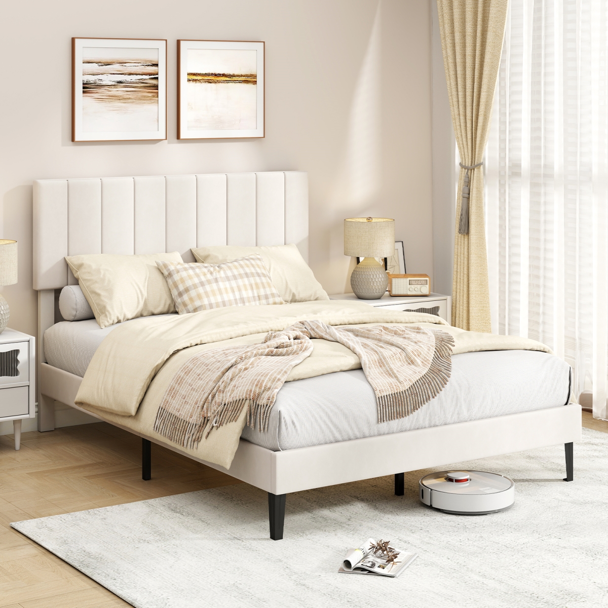 HU11141US-FBE Full Size Velvet Upholstered Platform Bed Frame - Beige