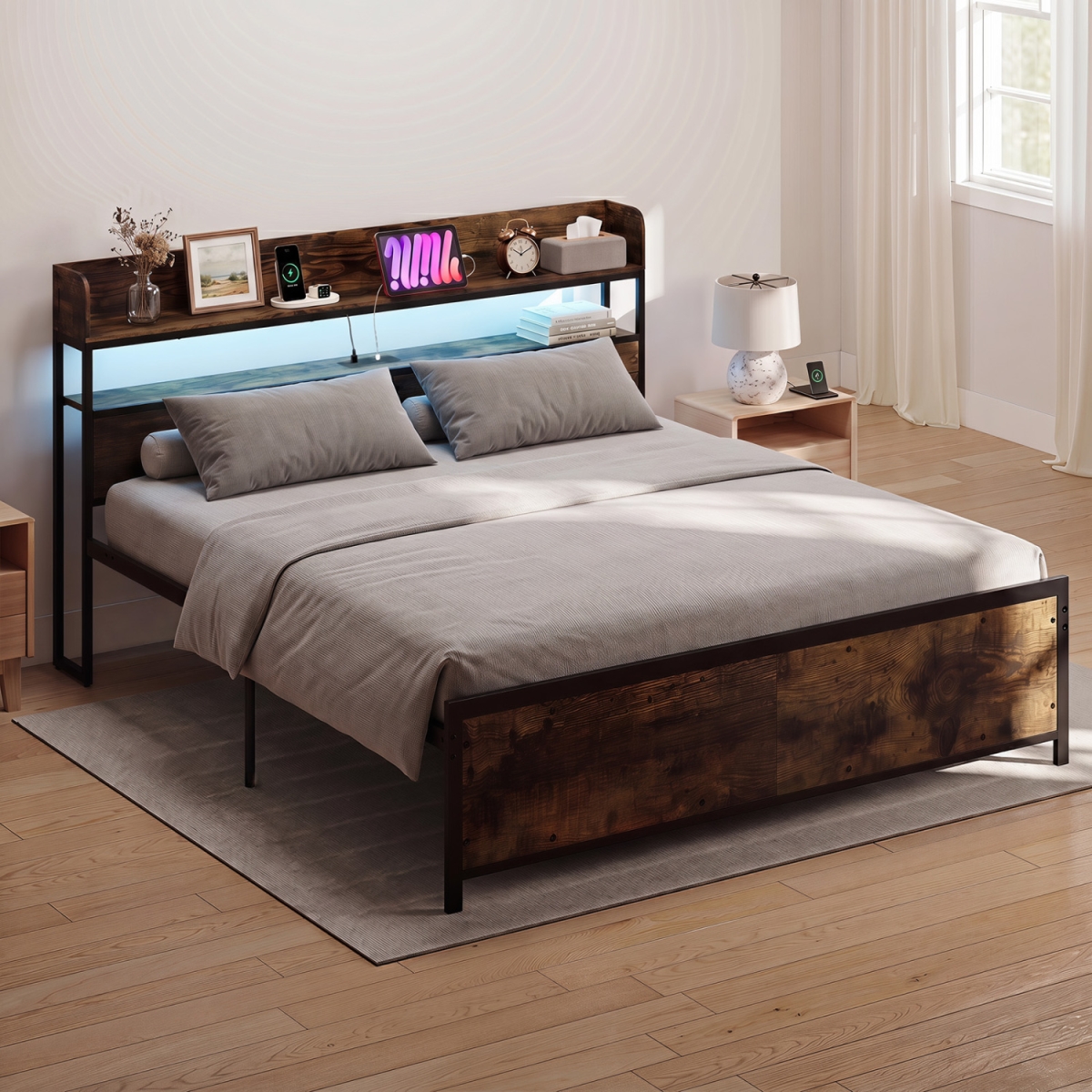 HU11164US-K LED Bed Frame with Power Outlets & Storage Headboard - King Size