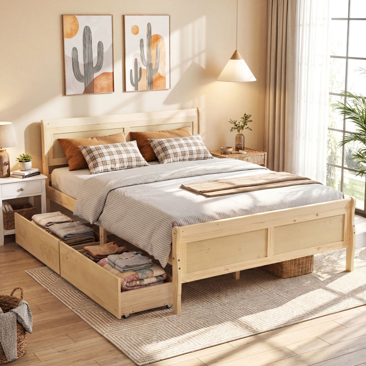 HU11230NA-Q Bed Frame with 2 Storage Drawers & Footboard - Natural - Queen Size