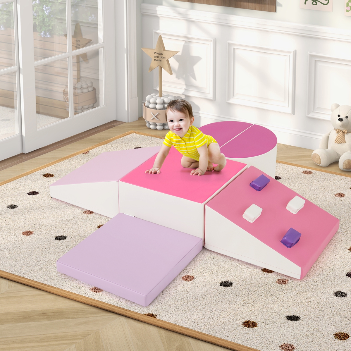 FH10149RO Soft Play Set for Toddlers with Climbing Triangle & Ramp - Pink - 6 Piece
