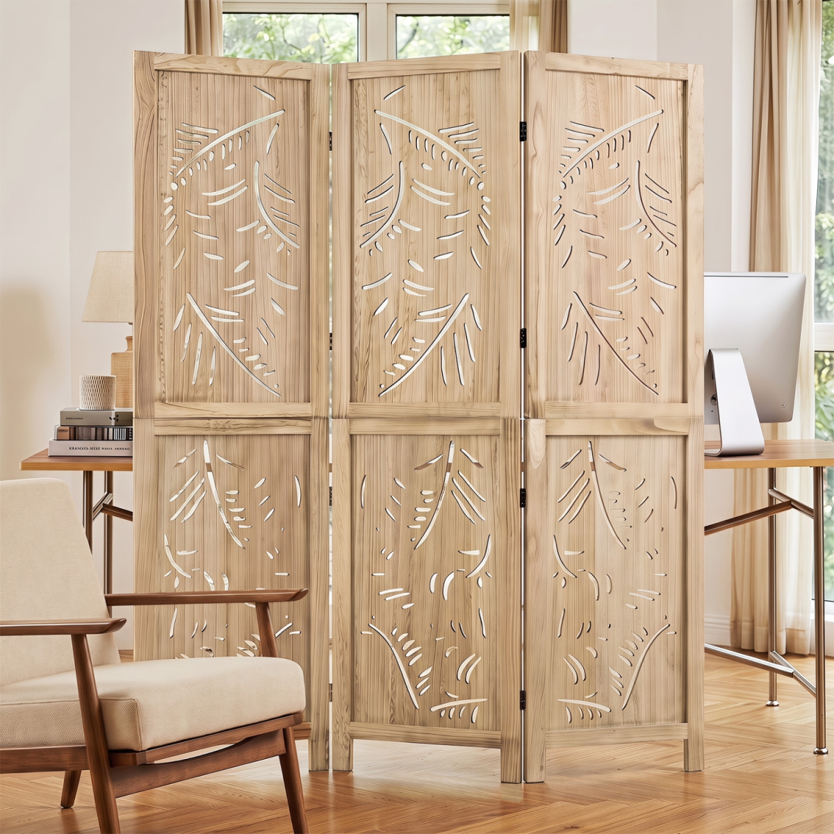 HV11026-3 3-Panel Wooden Room Divider with Palm Leaf Design & Paulownia Frame for Home