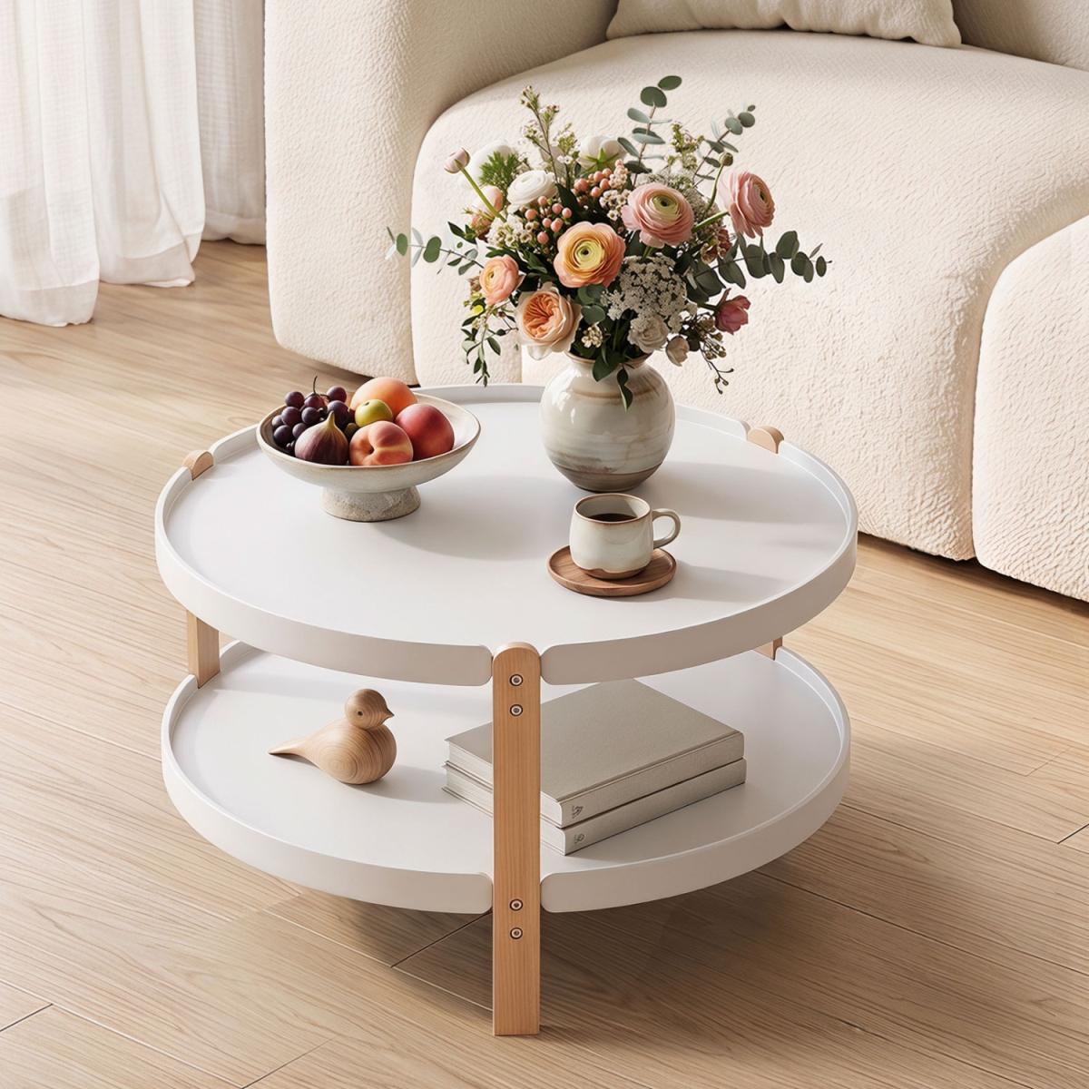 HV11072WH 23.5 in. 2-Tier Round Coffee Table with Solid Wood Legs & Open Storage Shelf - White