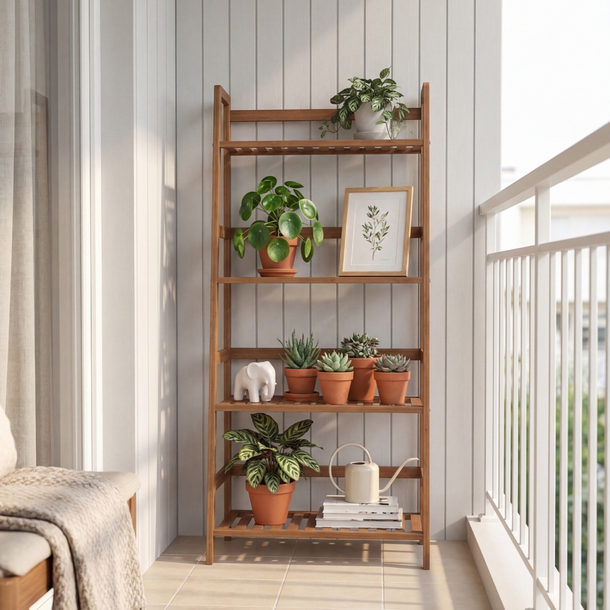 HW65606BN 4-Tier Bamboo Plant Rack with Guardrails Stable & Space-Saving - Walnut