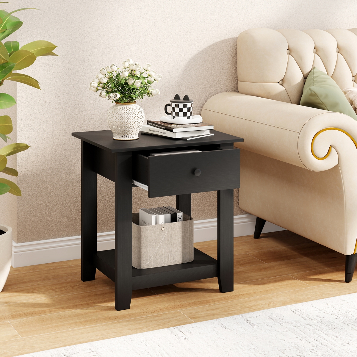 HU11037DK-1 Nightstand with Drawer 3-Tier Modern Bedside Table with Open Shelf & Storage - Black