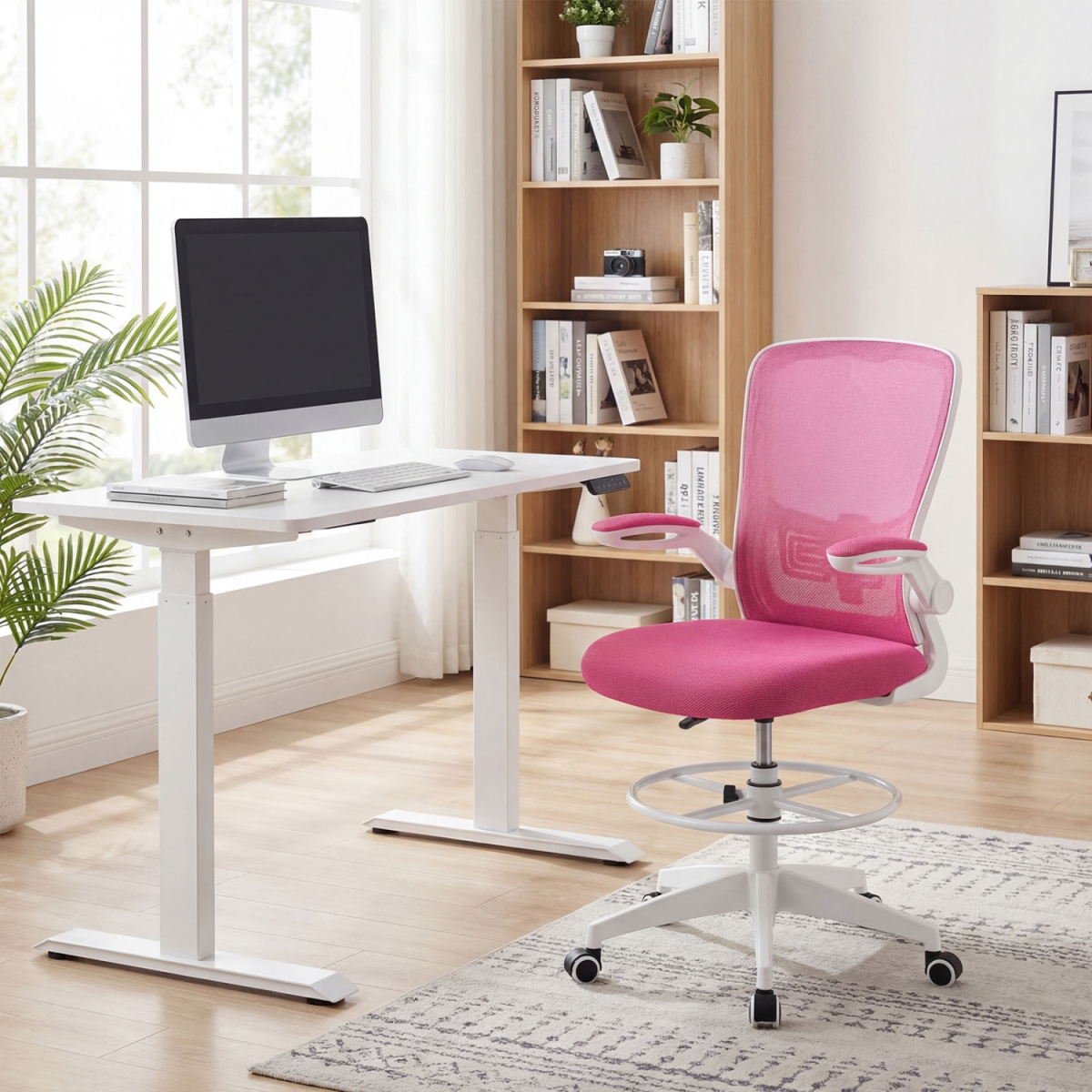 HW65397PI Height Adjustable Drafting Chair with Flip Up Arms for Home Office - Pink