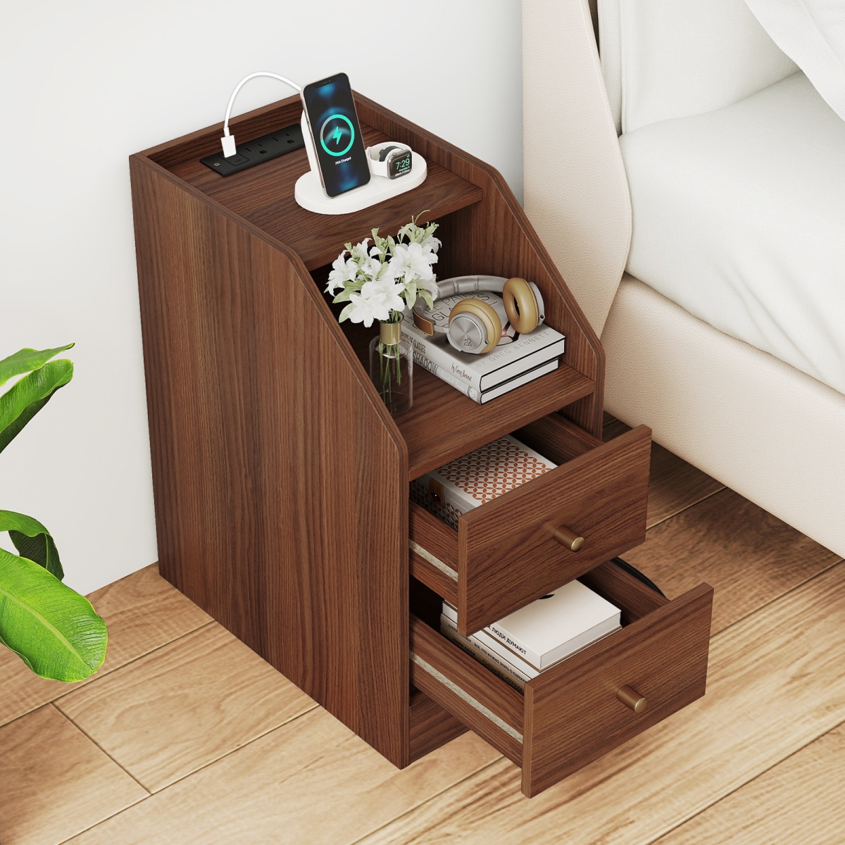 HU11254US-HT Side End Table with Charging Station Sofa Couch Table with Shelf Drawers - Walnut