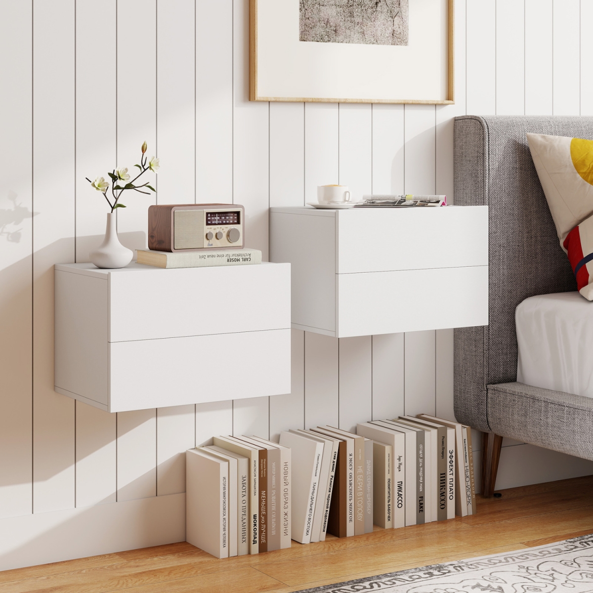 HU11322WH-2 2 Storage Drawers Wall Mounted Floating Nightstand for Bedroom - White