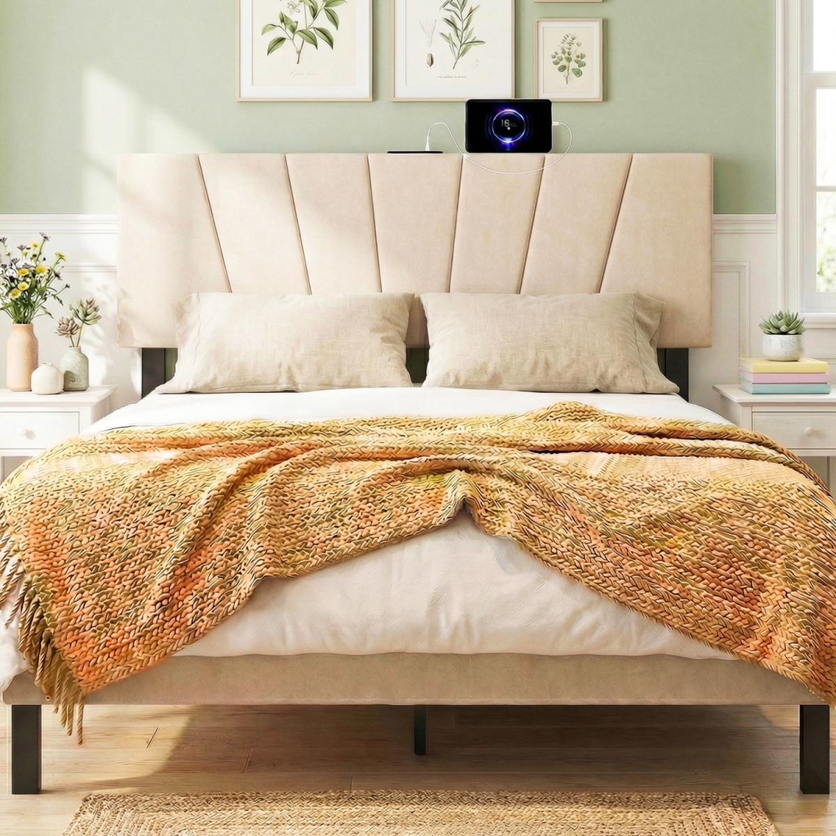 HU11373BE Geometric Upholstered Headboard for Queen & Full Size Bed - Beige