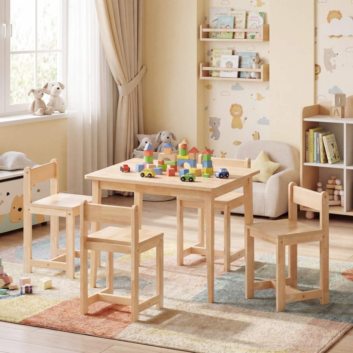 HY10585NA Kids Table & Chairs Set Solid Rubber Wood Toddler Activity Table - Natural - 5 Piece