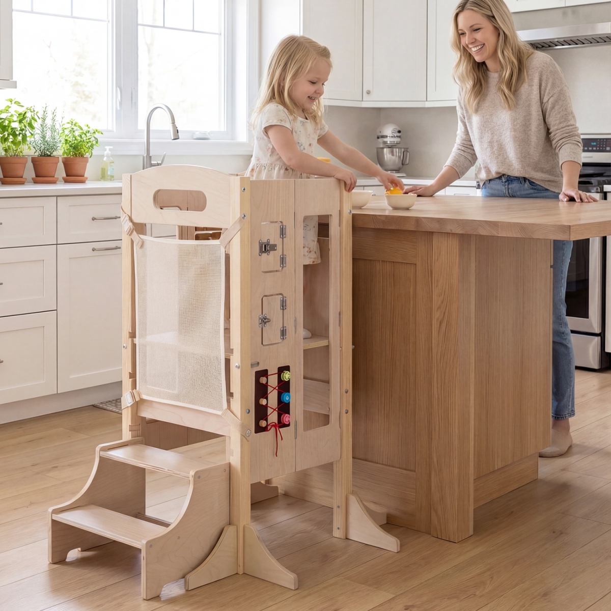 HY10399 Foldable Toddler Step Stool Wooden Kitchen Standing Tower with 2-Step Stool