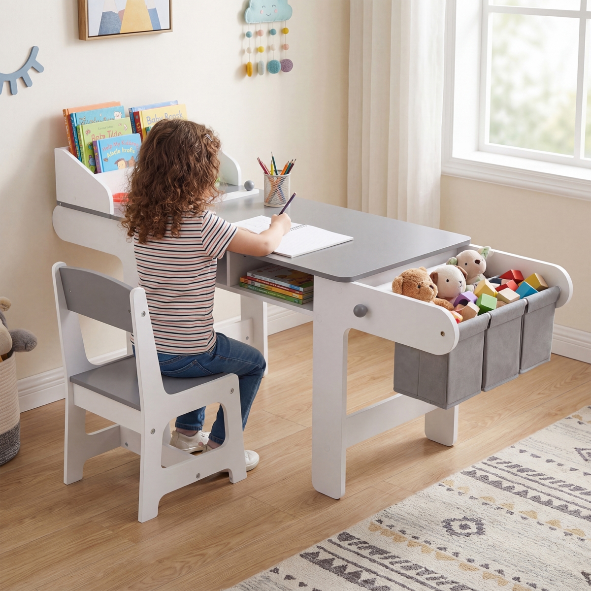 HY10442GR Kids Art Table & Chair with Paper Roll & Fabric Bins for Drawing Reading Studying Playing - Gray