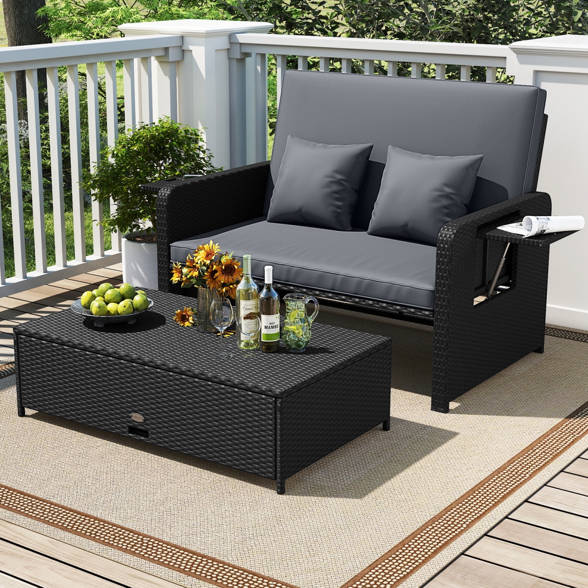 HW75136GR PE Wicker Outdoor Daybed with 4-Level Adjustable Backrest & Storage Ottoman - Gray