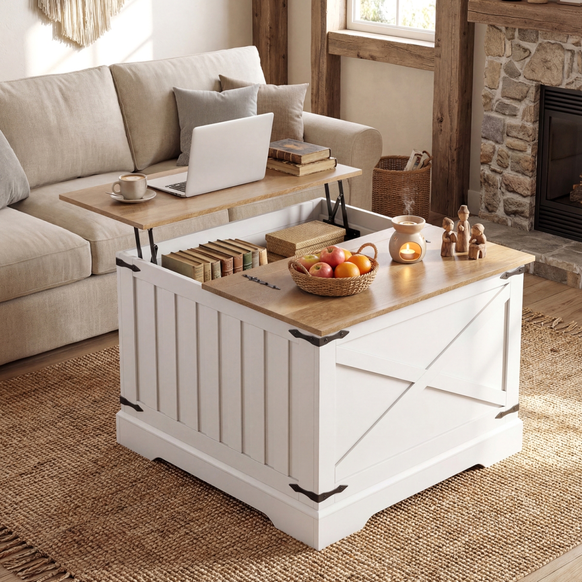 JV12691BN Farmhouse Lift Top Coffee Table with Hidden Storage Compartment - Brown