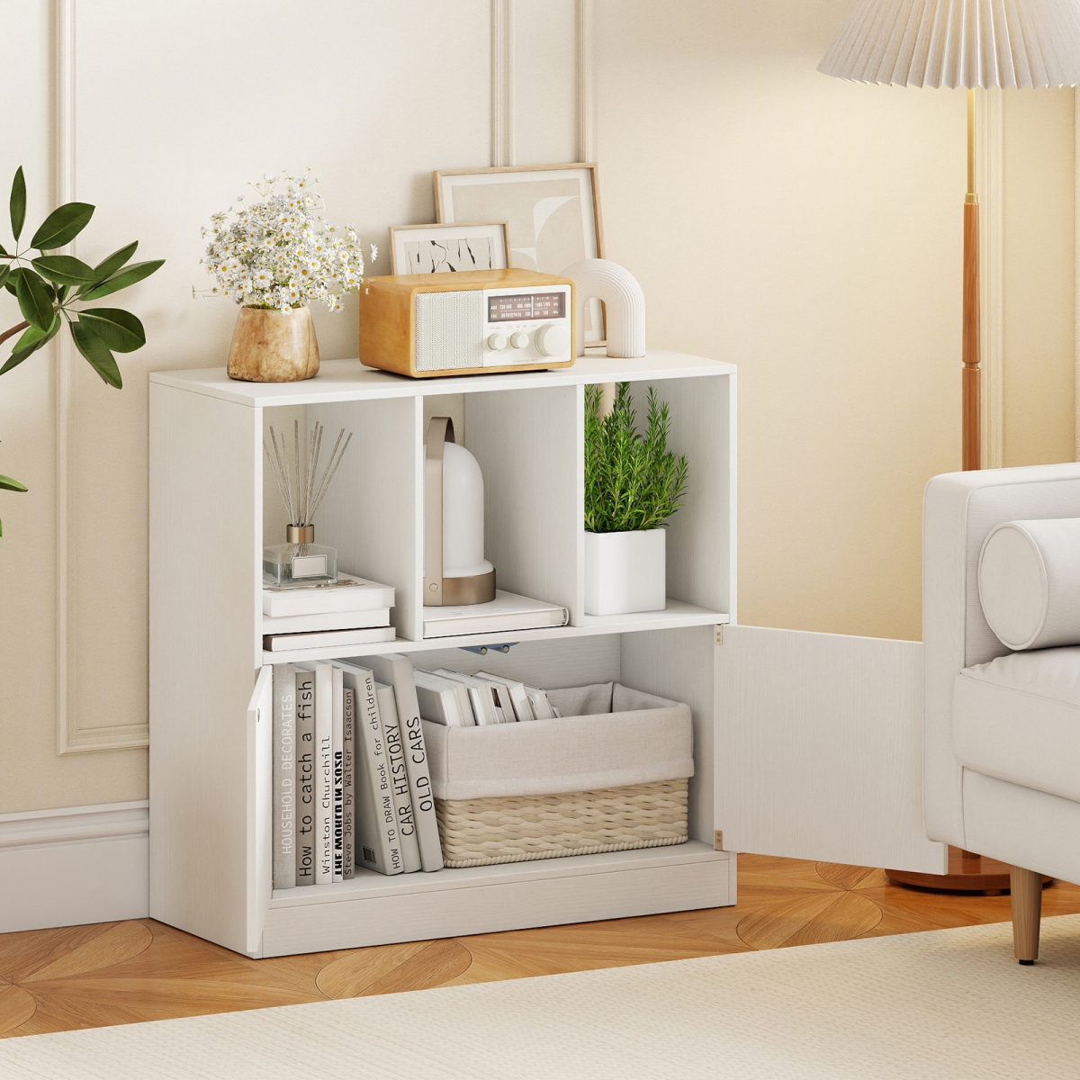 JV12924WH 3-Cube Bookcase with Doors 3-Tier Cubic Bookshelf with Open Compartments & Cabinet - White