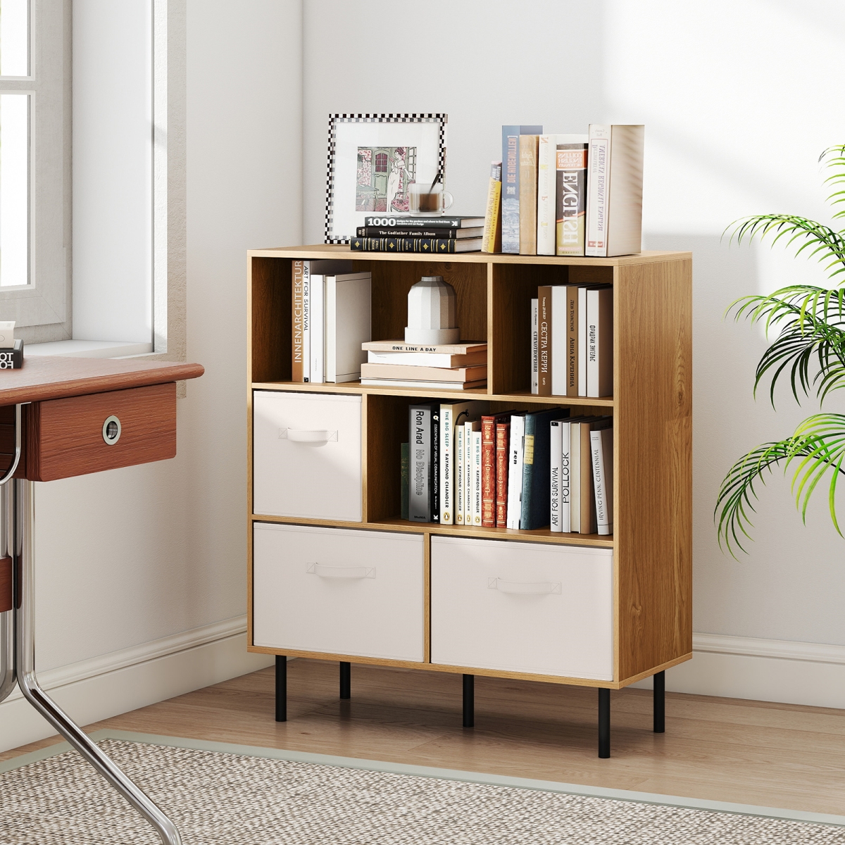 JV12967NA 6-Cube Bookshelf with 3 Removable Folding Fabric Drawers for Living Room - Natural
