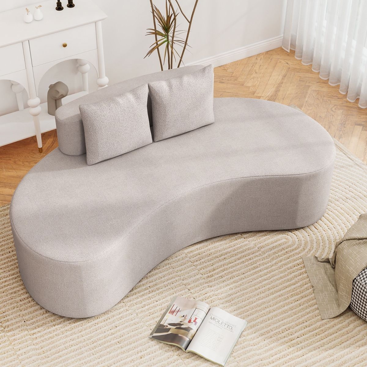 HV10764GR Upholstered Curved Sofa with 2 Cozy Pillows - Gray