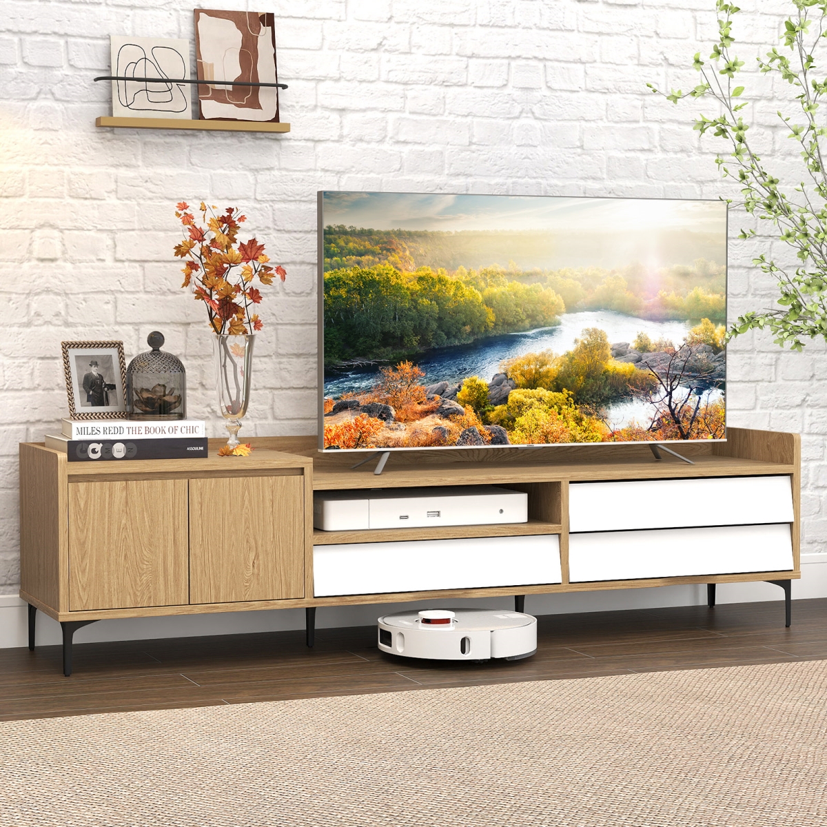 HV10887NA TV Stand for TVs Up to 80 in. Mid Century Modern Entertainment Center with Storage Cabinet - Natural