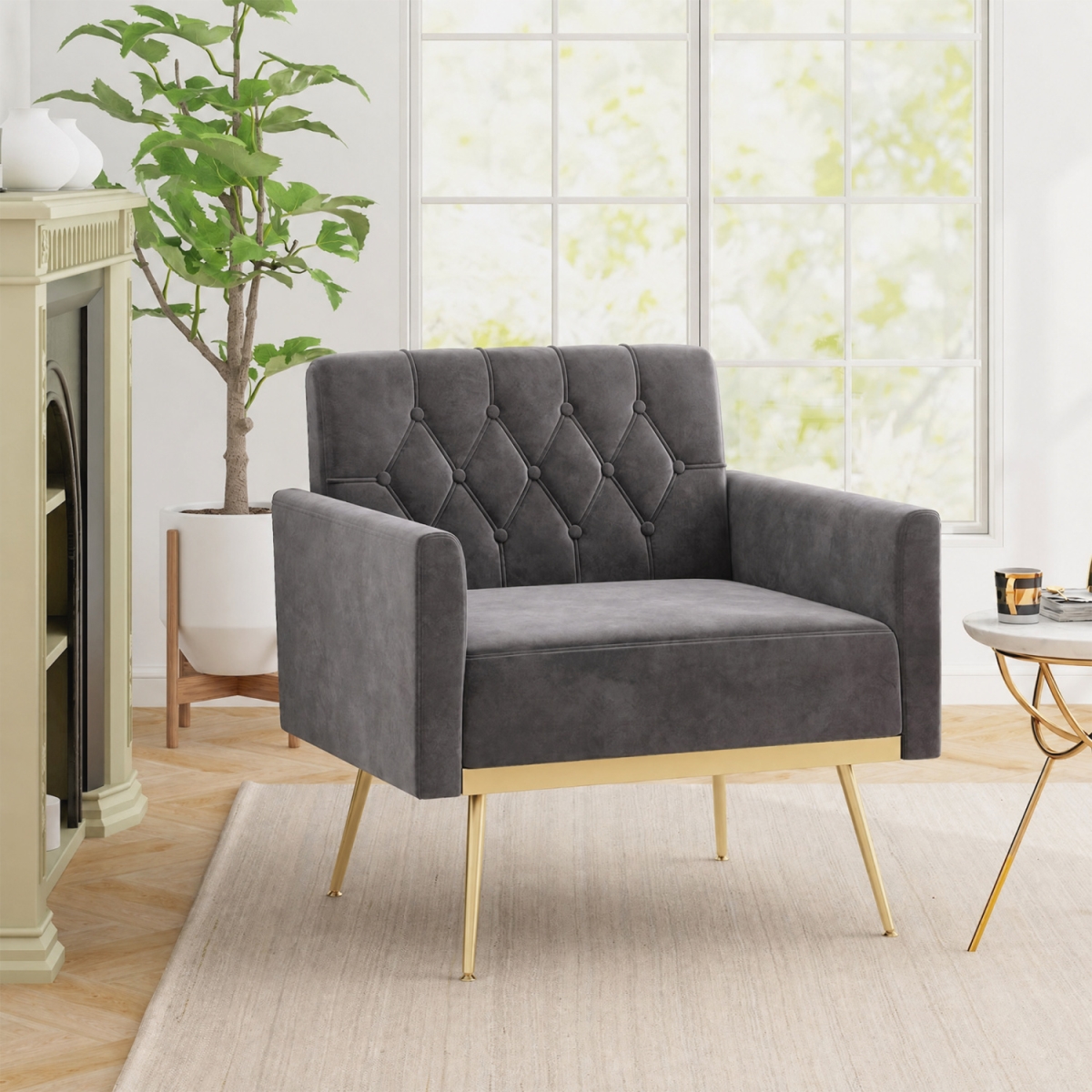 HV10936HS Modern Velvet Upholstered Accent Chair with Button-Tufted Back & Adjustable Feet - Gray