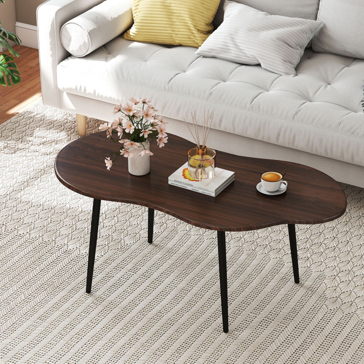 HV10972WT Cloud Shape Coffee Table 39.5 in. Irregular Center Table with Metal Frame - Walnut