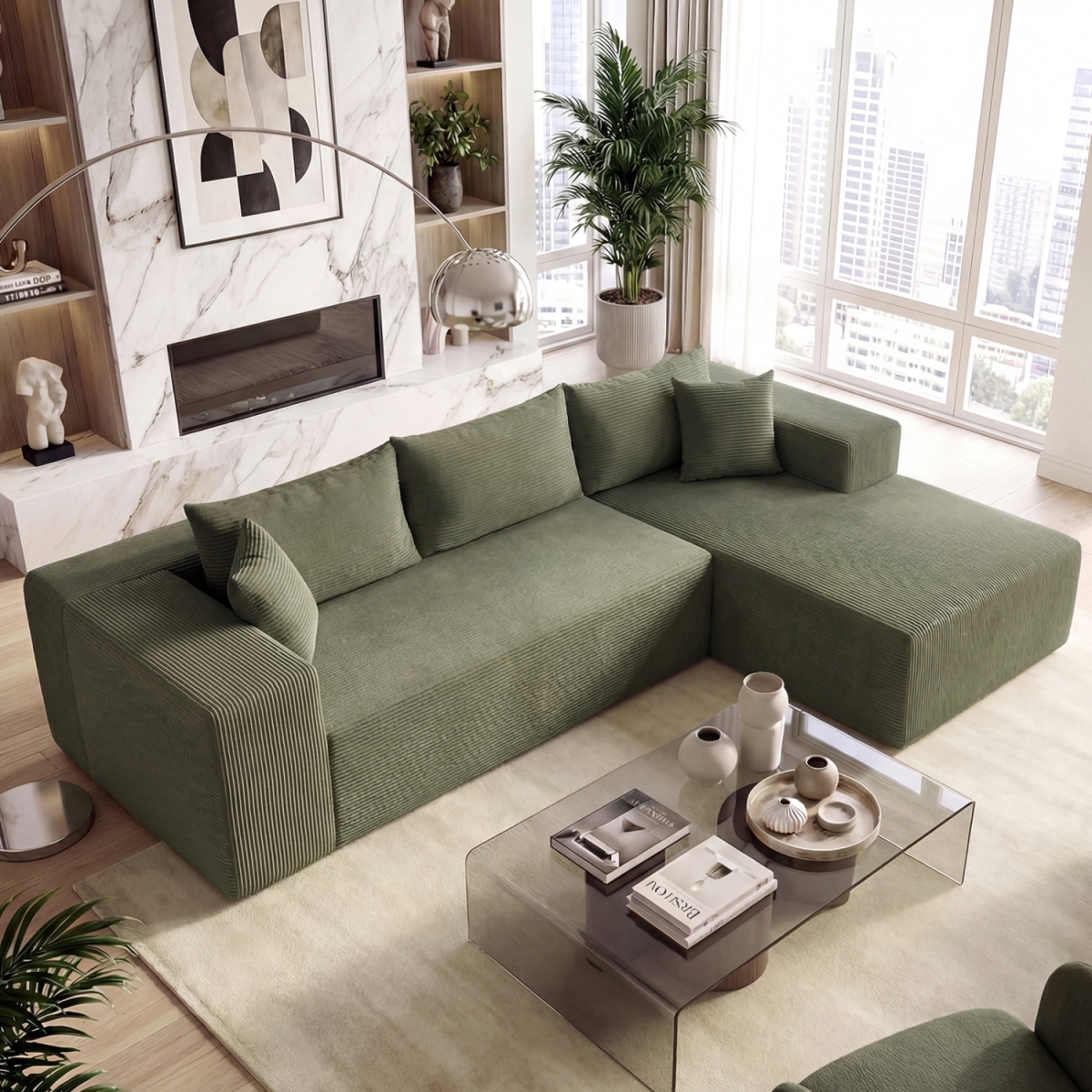 HV11011GN- Modular Sectional Sofa Corduroy Upholstered L-Shaped Sofa Couch with Deep Seats - Green