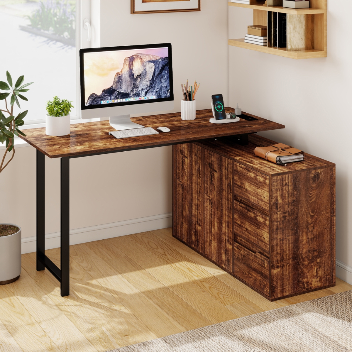 CB10721US-CF- L-Shaped Desk with File Cabinet & Power Outlet Reversible Corner Computer Desk - Rustic Brown