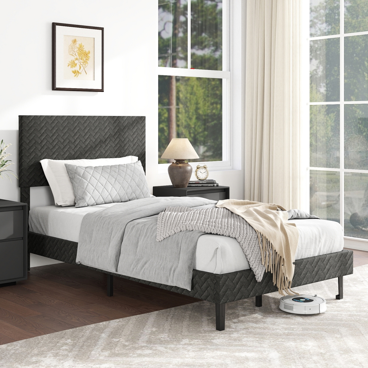 HU11098US-TGR Velvet Upholstered Platform Bed Frame with Chevron Headboard - Gray - Twin Size