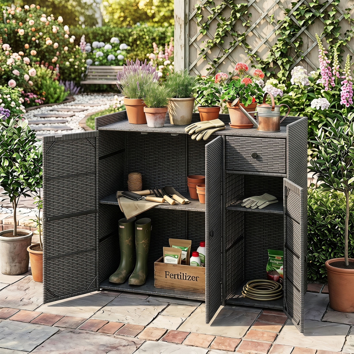 HW76154GR Outdoor PE Wicker Storage Cabinet with 3 Doors & Adjustable Shelves & Drawer - Gray