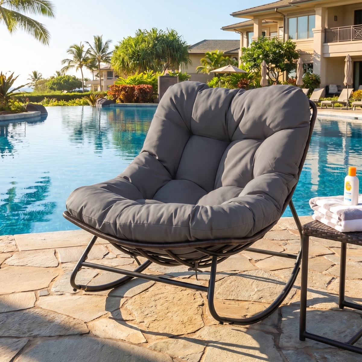 HW76225GR Outdoor Papasan Rocking Chair with Thick Cushion & Pads - Gray