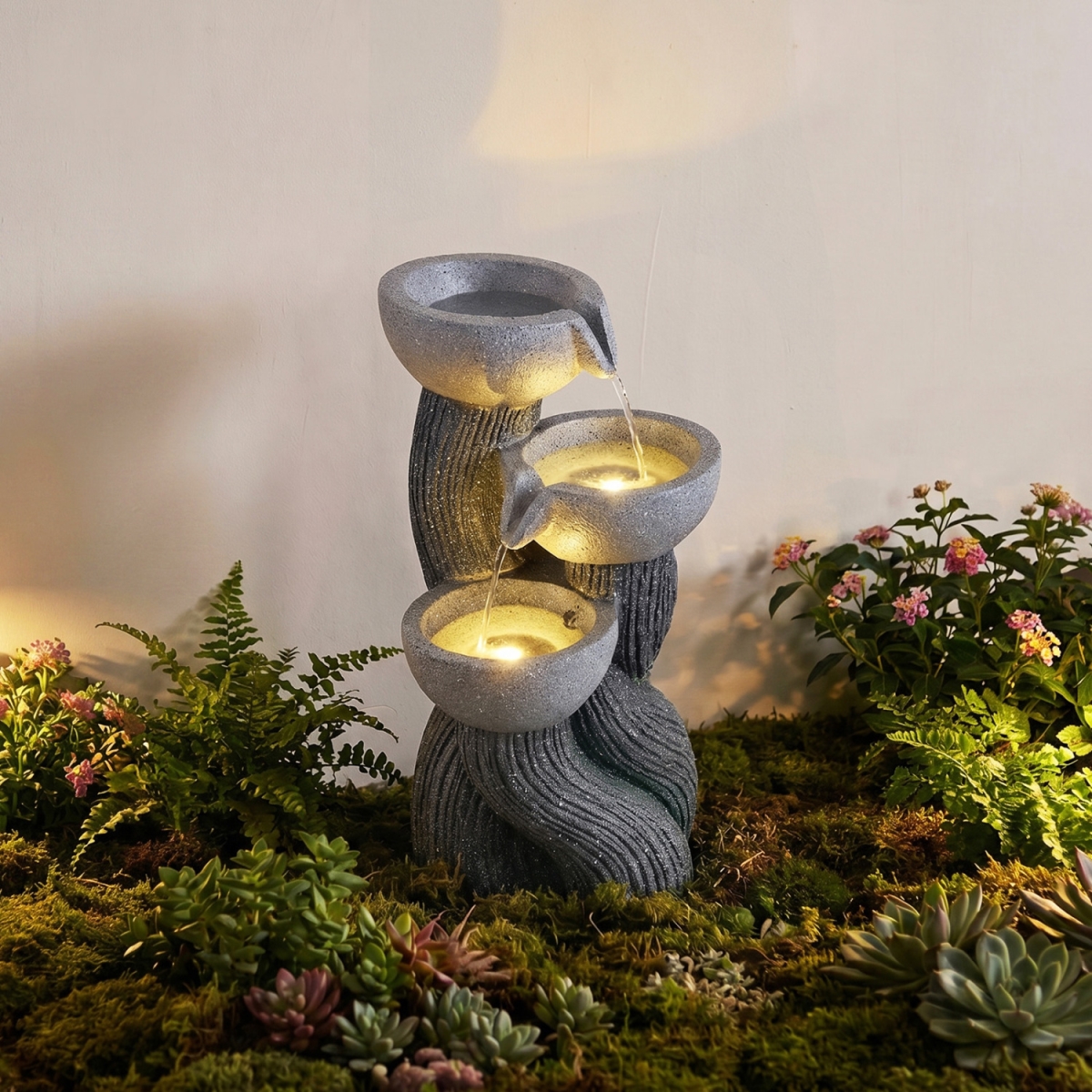HZ10454US 3-Tier Outdoor Water Fountain with LED Lights 18.5 in. H for Patio Deck - Gray