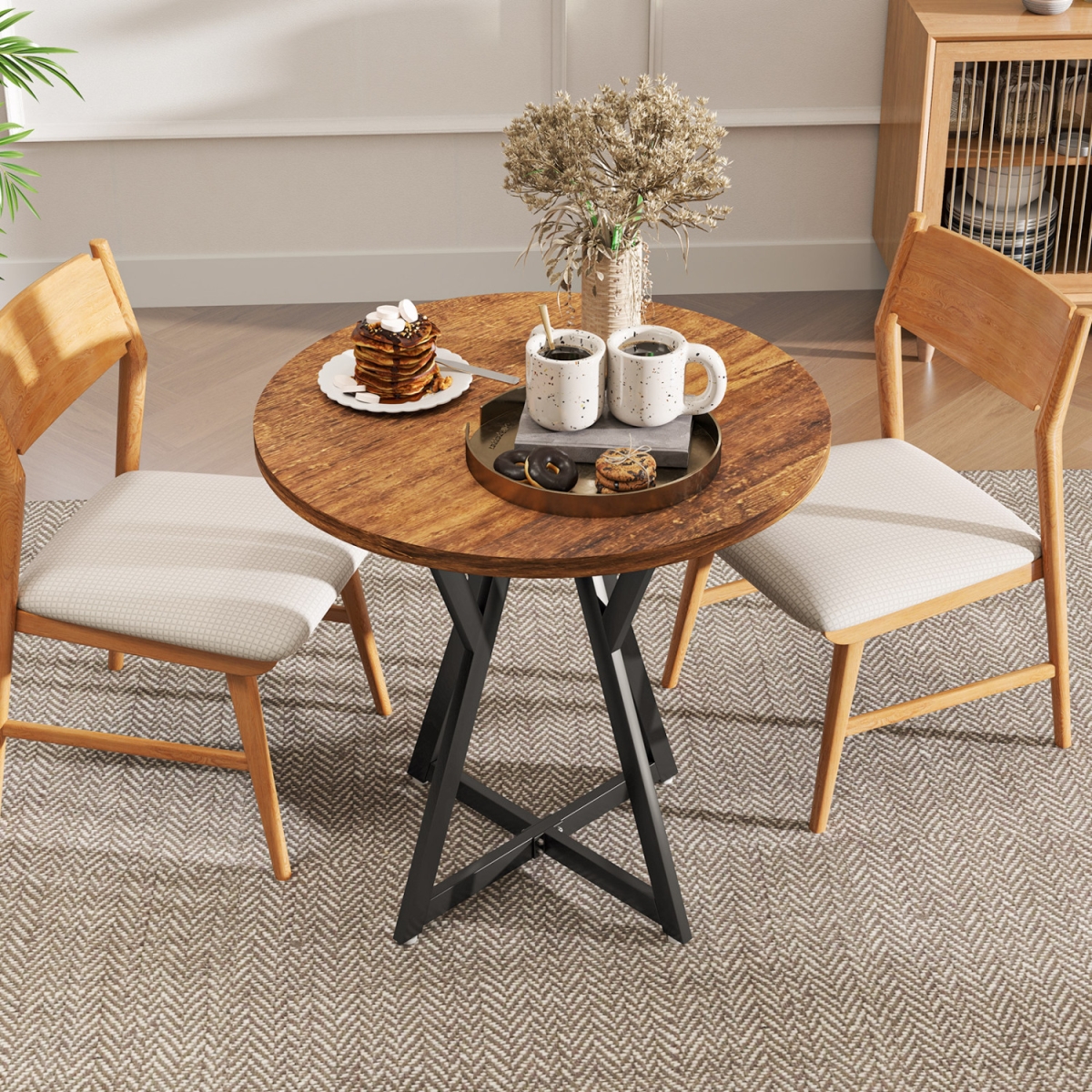 JV12193CF 36 in. Round Dining Table with Metal Pedestal Base - Rustic Brown