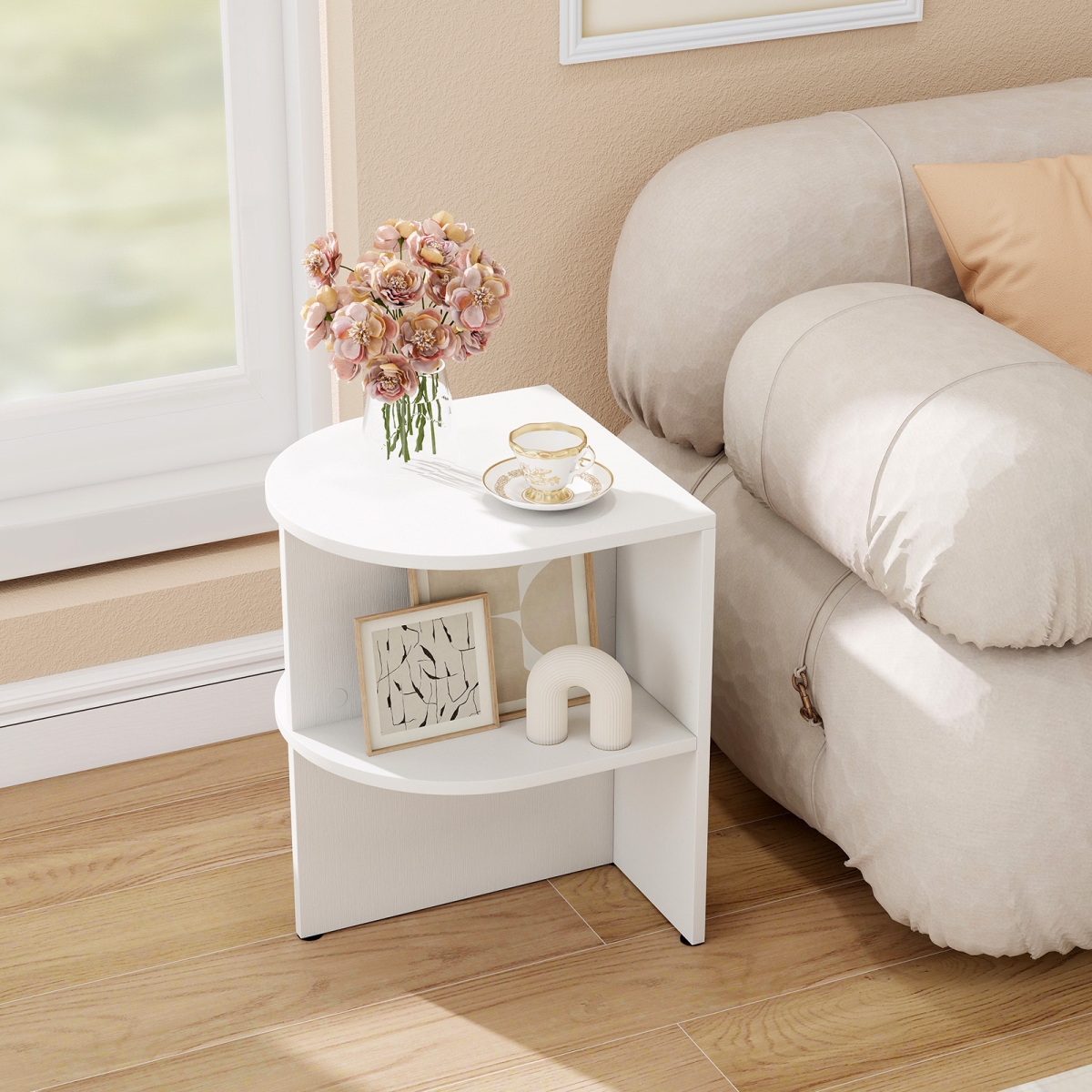 JV12639WH-1 Half Round End Table with Open Shelves for Small Space - White