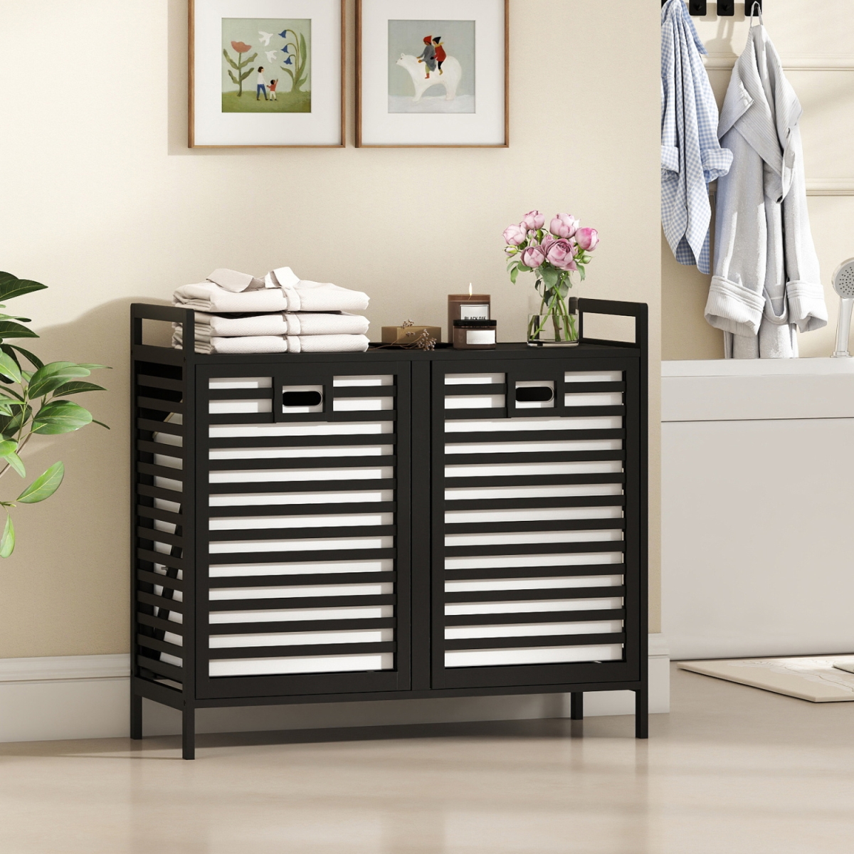 JV12471BK Double Tilt-Out Laundry Hamper with 2 Removable Bins - Black