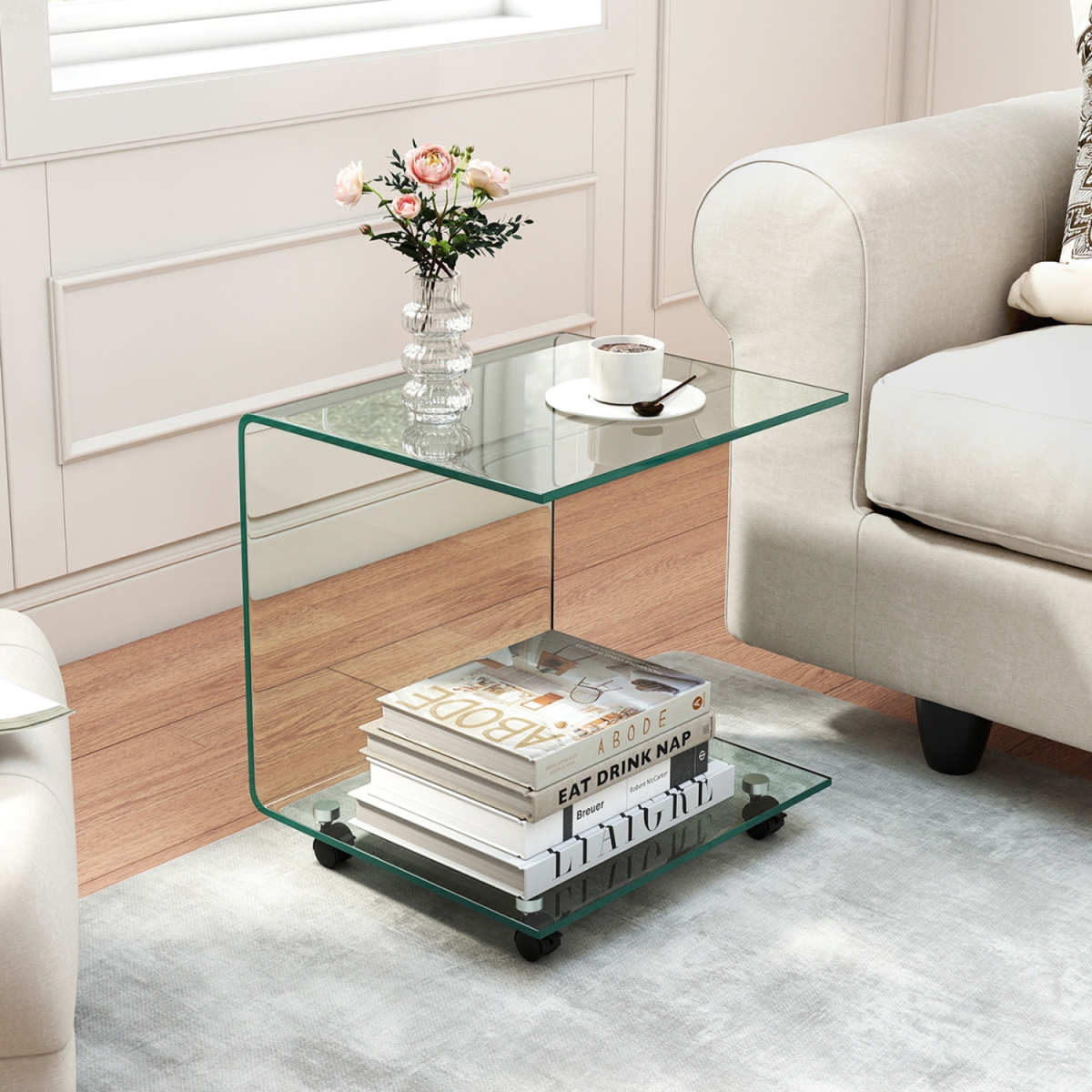JV12964TR C-Shaped End Table Modern Tempered Glass Side Table with Shelf - Transparent