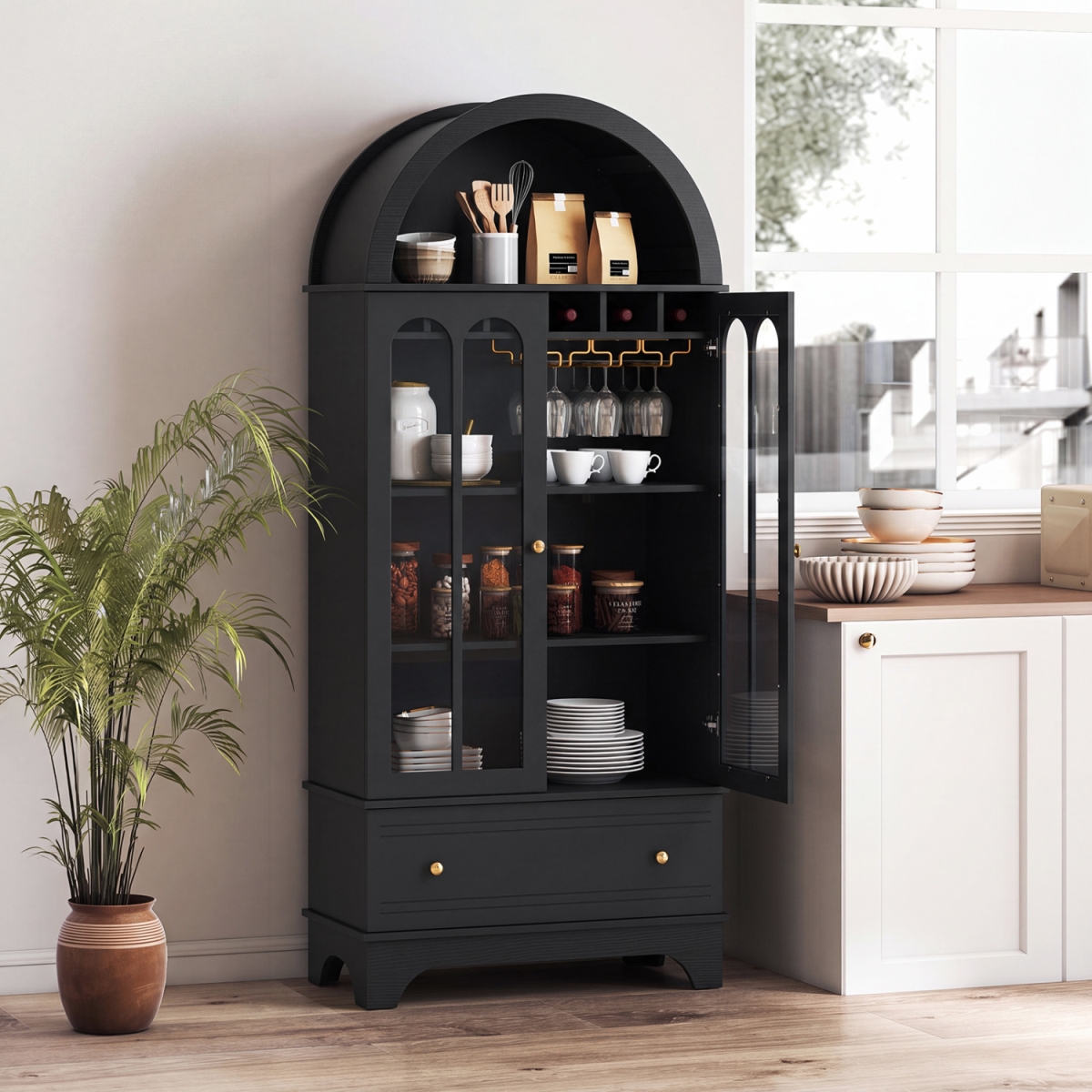 JV13074BK- 71.5 in. Arched Cabinet 5-Tier with Tempered Glass Doors & Wine Rack - Black