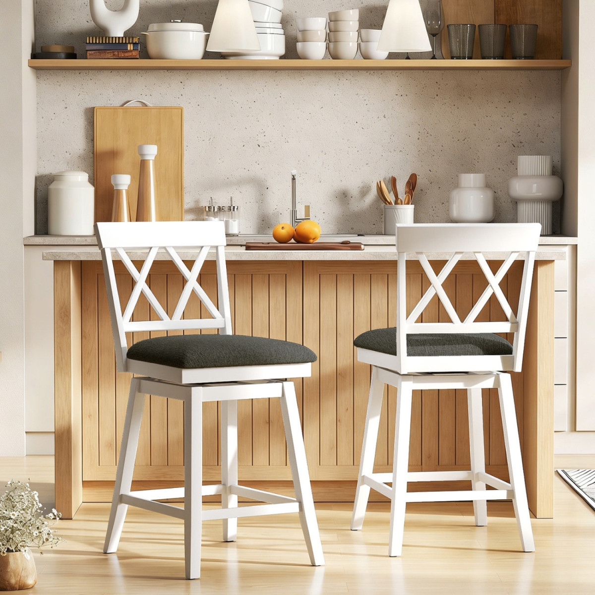 JV13469WH-24 Swivel Bar Stools Counter Height Barstools with Backrest Upholstered Seat Cushion - 24 in. - Set of 2