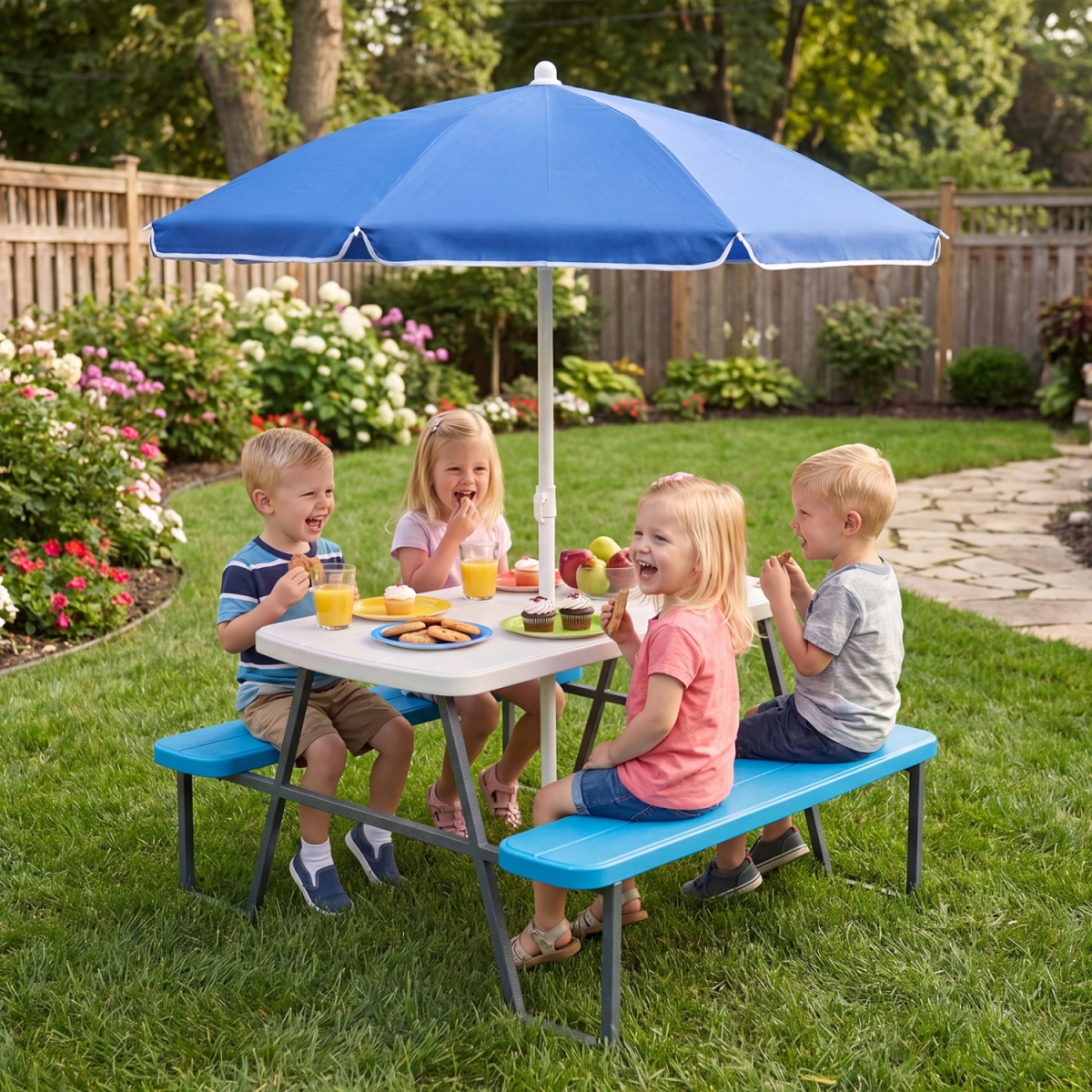 NP11820BL Kids Picnic Table with Benches Seats Up to 4 - Blue