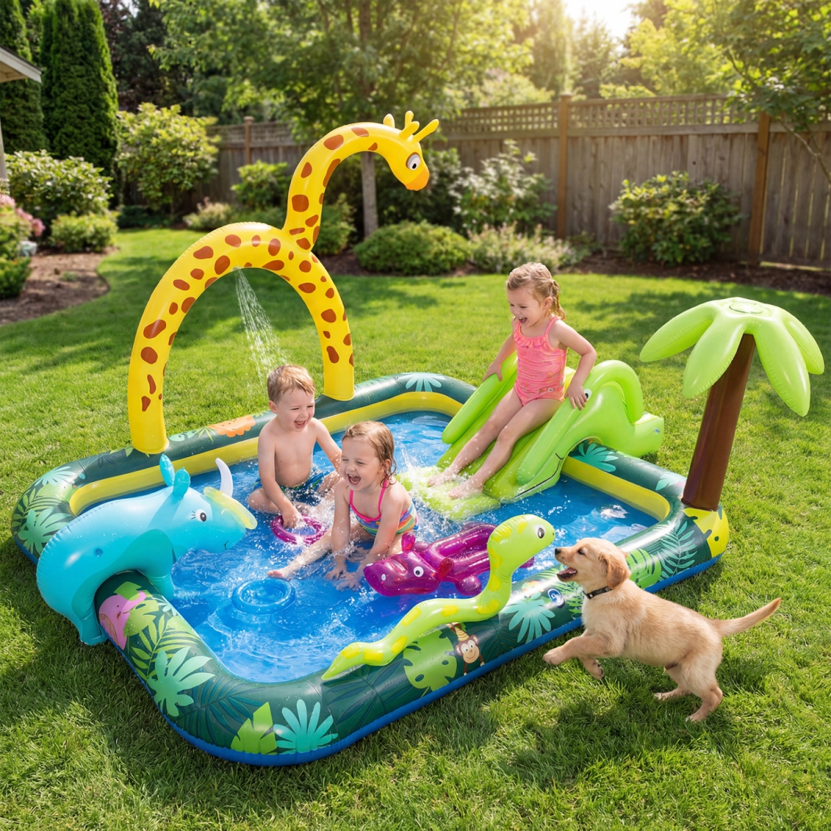 NP13244 Inflatable Play Center Jungle Animal Spray Pool with Slide Giraffe-Shaped Sprinkle - Multi Color